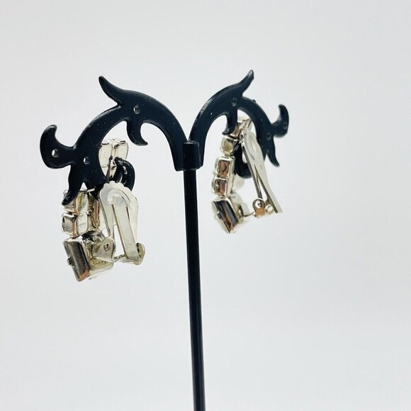 Stacked Rhinestone Clip On Earrings Silver Tone Glam Bling Sparkle Holiday Party - Picture 7 of 8